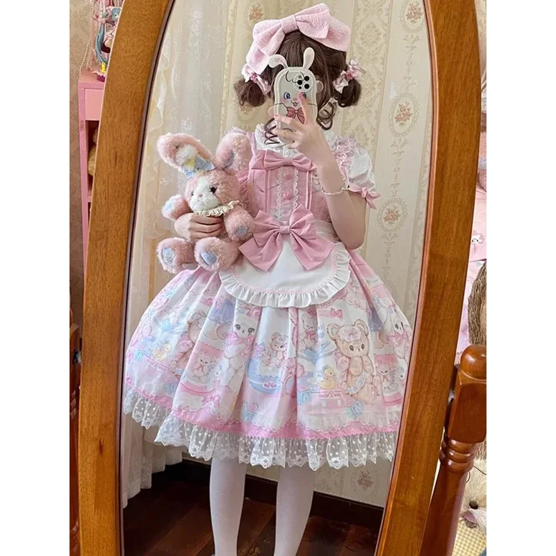

Kawaii Лолита фартук с оборками платье-бретелька милая принцесса с мультяшным принтом и бантом жизненное женственное мини-платье Лоли CHJ 368455