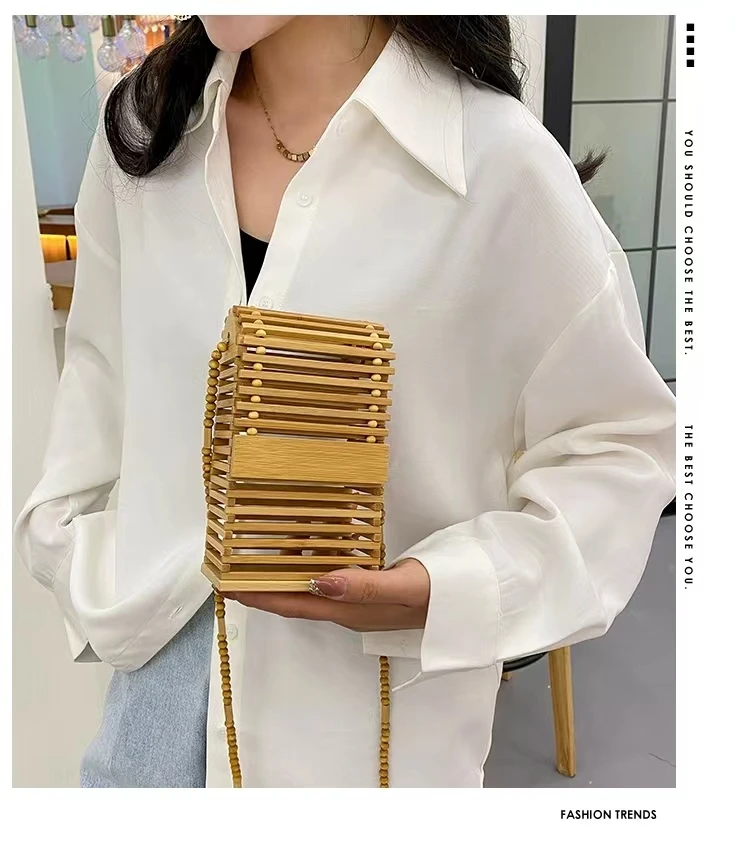 Fashion Bamboo Woven Box Women Shoulder Bags Hollow Wicker Beading Crossbody Bag Rattan Summer Beach Small Phone Purse Bali 2024