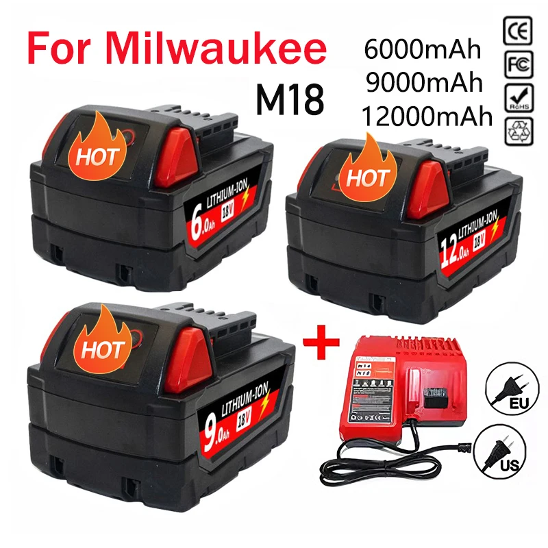 6.0Ah/9.0Ah/12.0Ah For Milwaukee M18 18V Replacement For Milwaukee M18B5 XC Li-ion battery 48-11-1815 2604-20 48-11-1850 charger 1