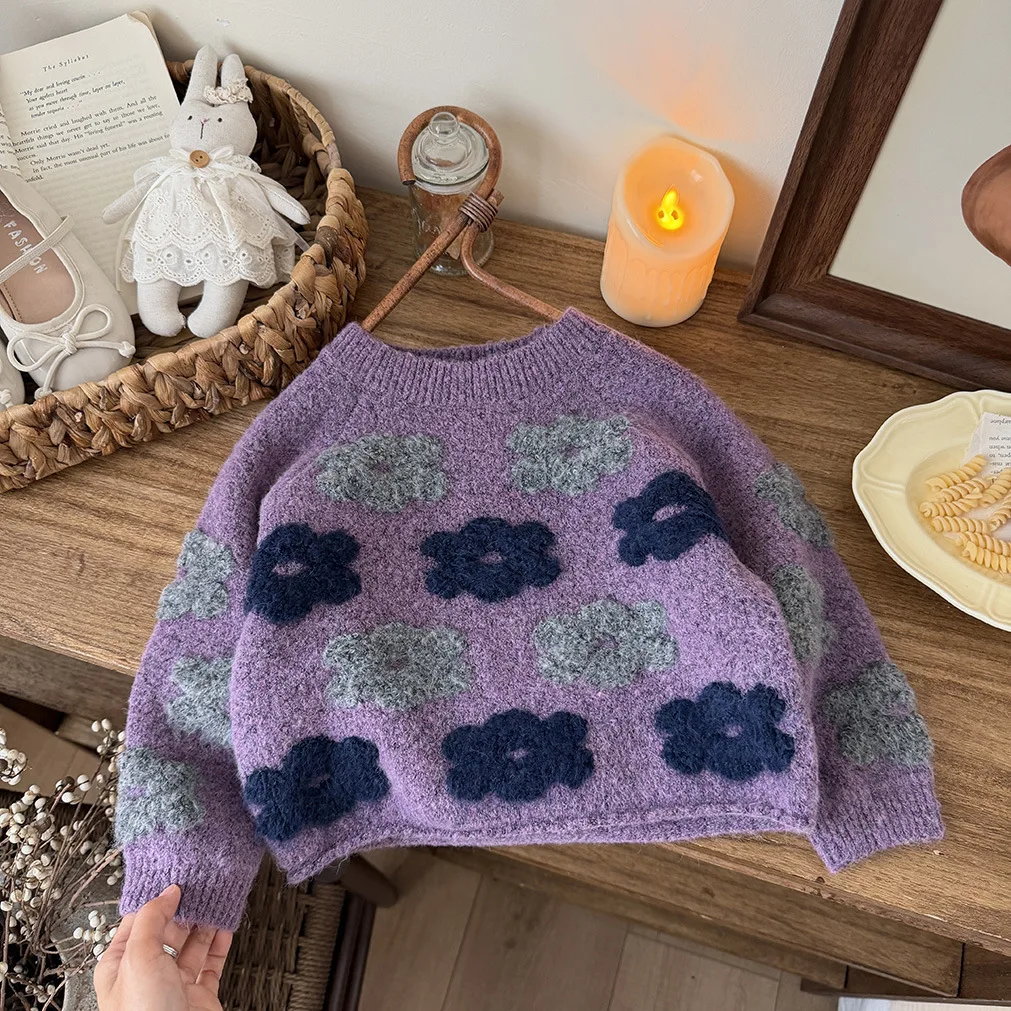 Girls' Spring Autumn and Winter Korean Three-dimensional Flower Round Neck Versatile Soft and Sticky Sweater Children's Top