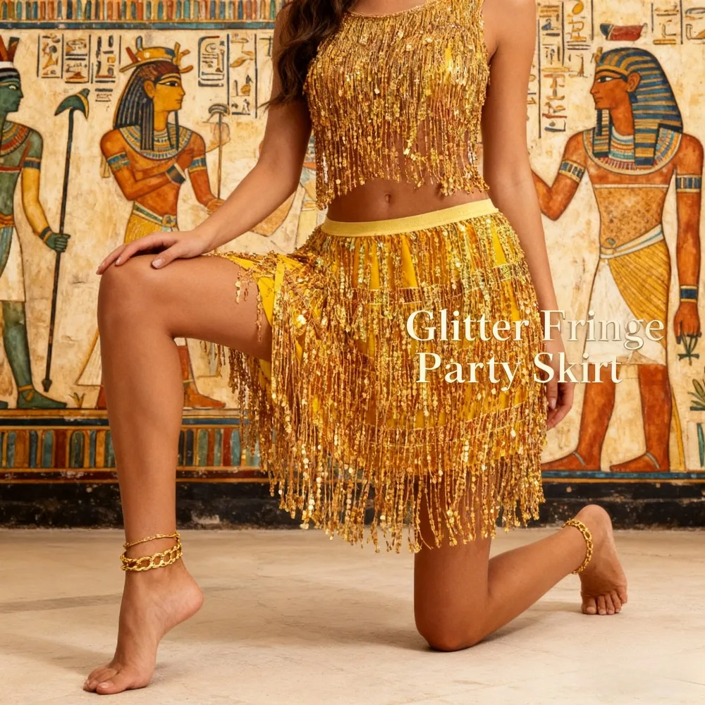 European & American Style Belly Dance Skirt - Fringe Beaded Design, Festival Performance Dance Outfit