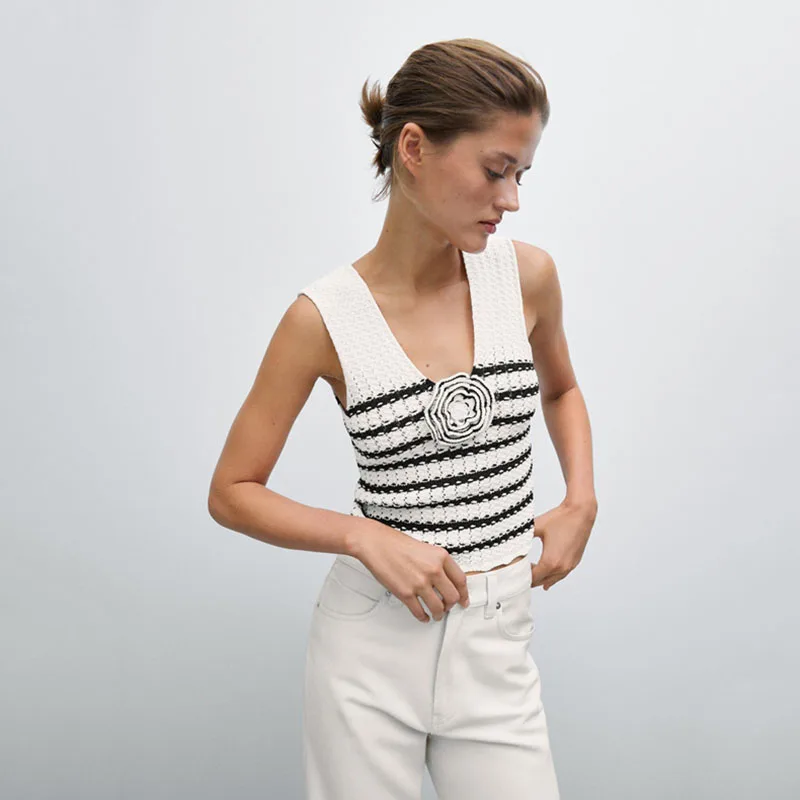 

Clothland Women Sweet Striped Blouse Flower Patchwork Sleeveless Crop Top V Neck Summer Chic Shirt Blusa WA343