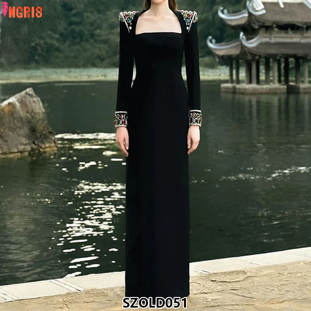 

Wholesale Custom Long Sleeve Diamond Elegant Party Classy Maxi Dress Women Evening Gown-SZOLD051