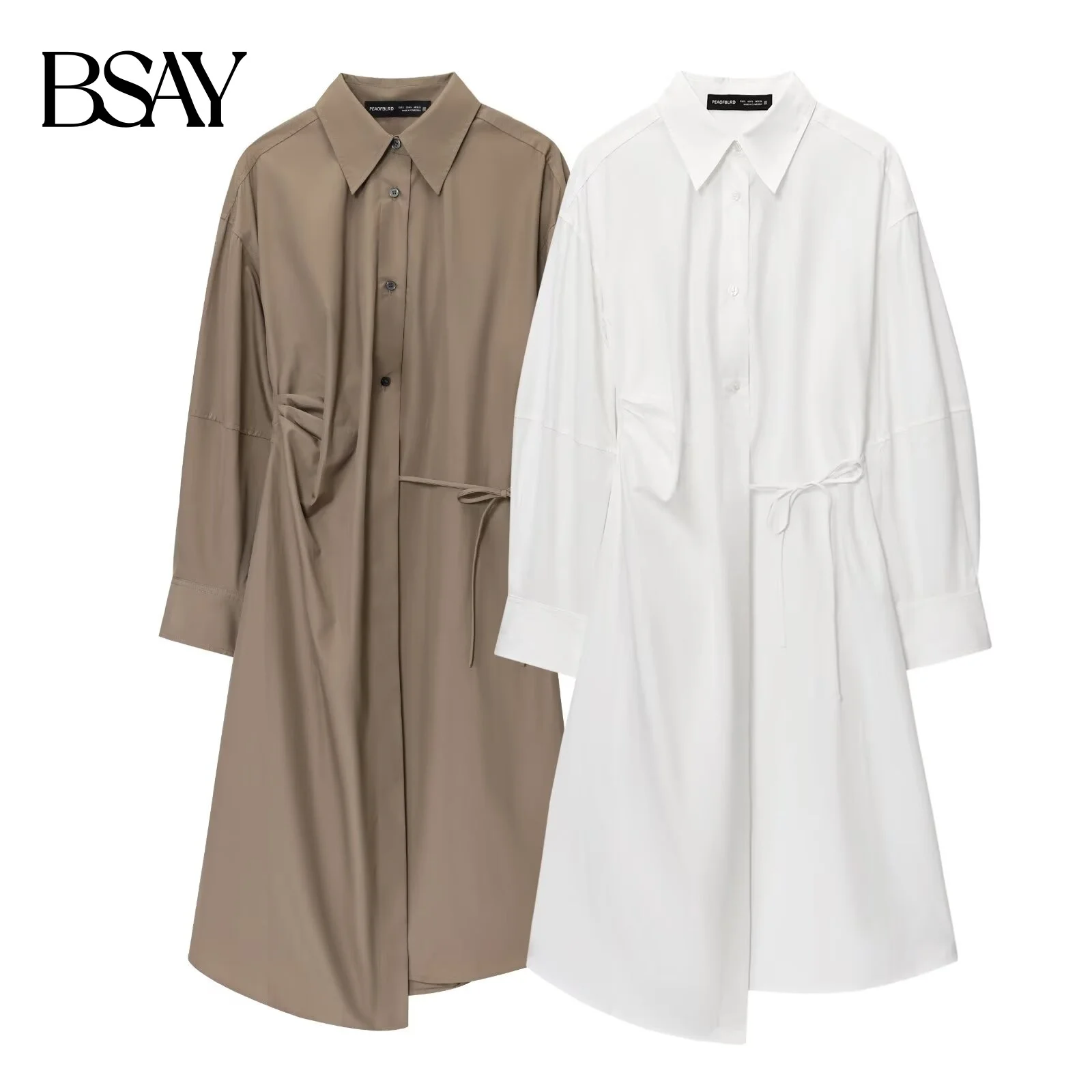 BSAY abito a camicia bianca grande estate nuovo risvolto a maniche lunghe sciolto asimmetrico popeline veste chic abiti da sera eleganti francesi