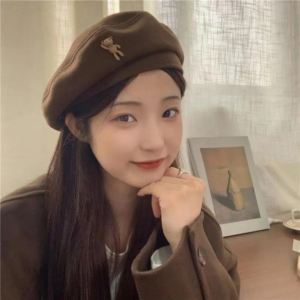 Korean Little Bear Woolen Newsboy Hat Solid Color Keep Warm Cloud Painter Cap Windproof Beanies Bonnet Women Girl