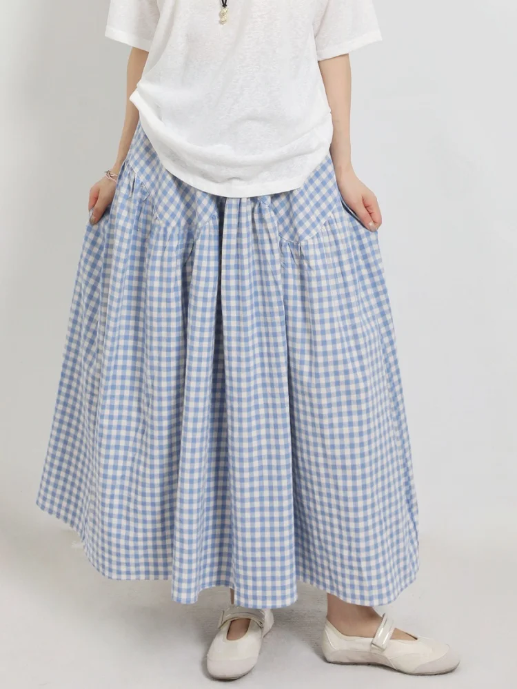 

Blue Tone Summer Plaid Midi Skirt Pure Cotton Elastic Waist Design Korean Sle Commute A-Line Skirt for Women 25-29 Years Old