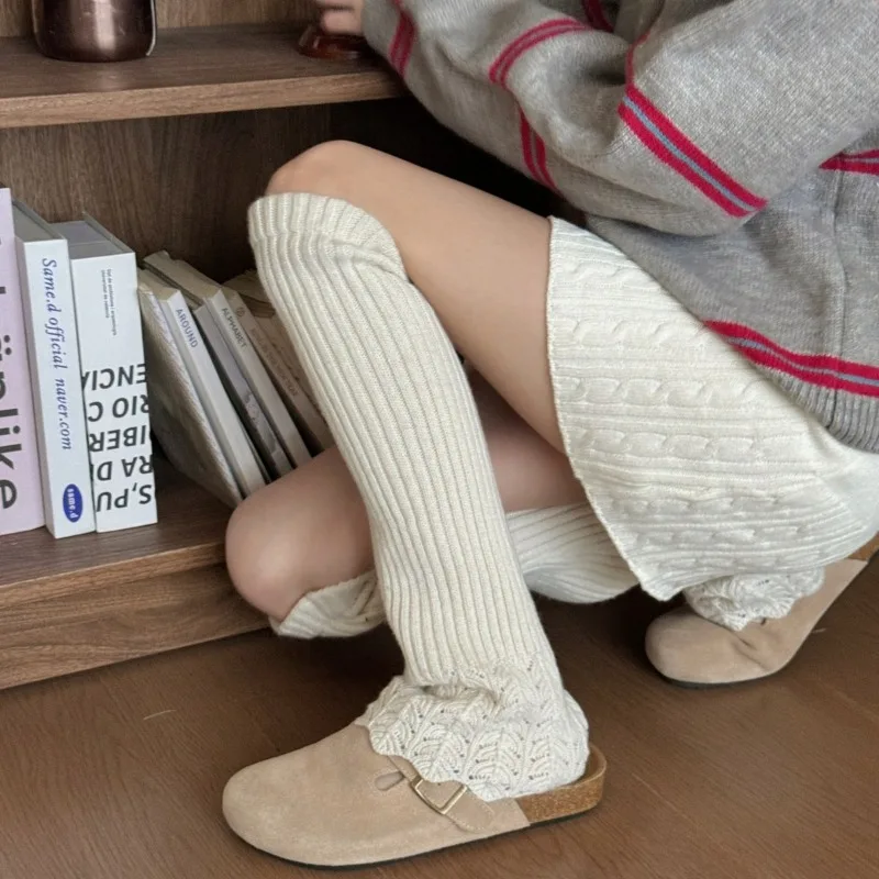 Einfarbige gestrickte Beinschützer für Damen, weiche Damen-Schuhüberzüge, atmungsaktive und dicke Damenstiefel, gestapelte Socken, Fußwärme