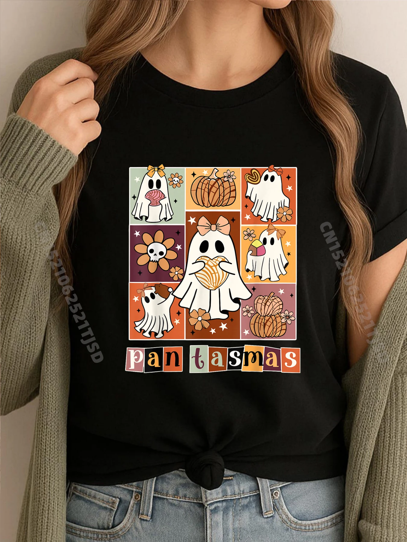 Pantasmas Ghost Spooky Conchas Halloween المكسيكي شبح الجرافيك القمصان امرأة تي شيرت غسلها التوضيح