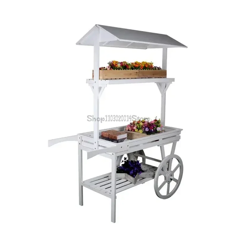 Pastoral Flower Rack Solid Wood Cart Storage Rack Balcony Storage