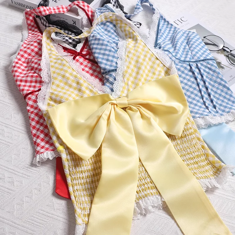 

Кружевной клетчатый жилет для женщин, лето 2022, милый бант, v-образный вырез, Холтер, укороченный топ с открытой спиной, пикантные девушки, тонкие майки Y2k, майки Ins