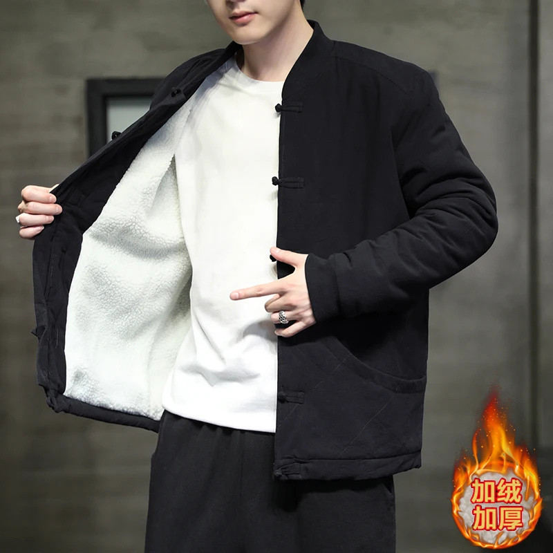 

2025 зимние мужские парки, толстые теплые плюшевые пальто с воротником-стойкой, мужская куртка, однотонная ветрозащитная верхняя одежда в китайском стиле в стиле Харадзюку