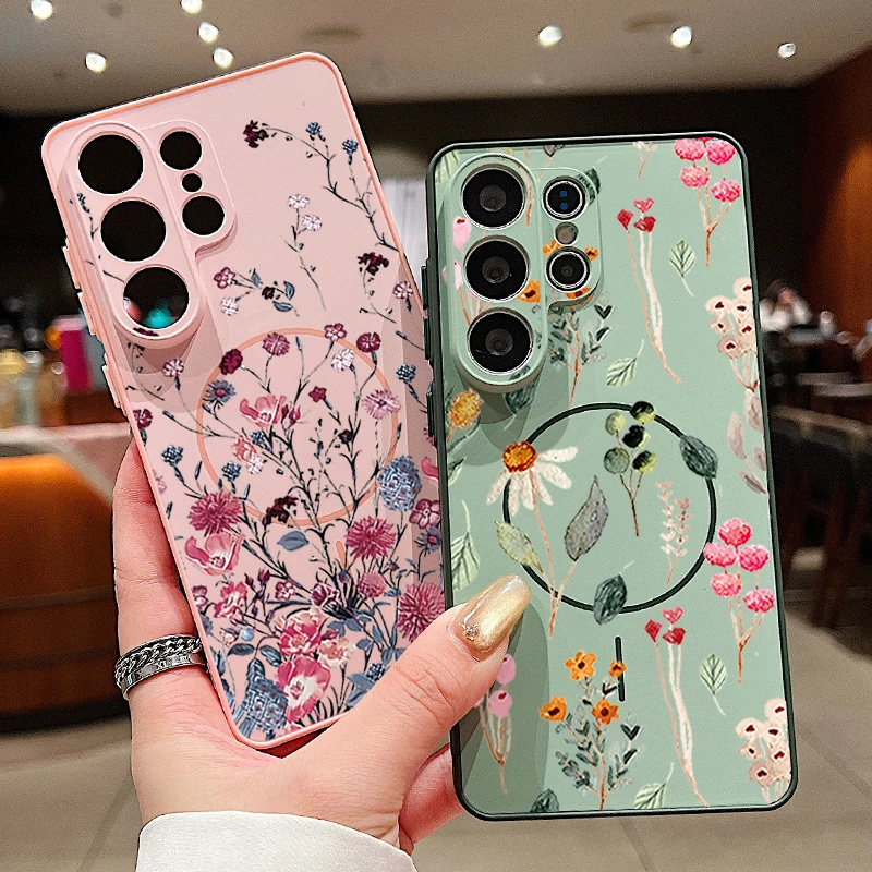 Blumenbedruckte Magnetische Handyhülle für Samsung Galaxy S26 S25 S24 S23 Ultra S25 S24 FE A57 A37 A17 A56 A55 A36 A16 A15 PC-Cover