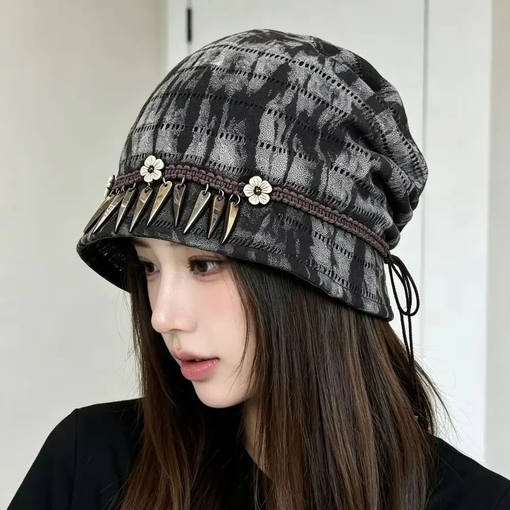 Casual Retro Ethnic Stye Beanie Tassel Wood Decoration Vintage Pullover Hat Lightweight Comfortable Turban Cap Bad Hair Days