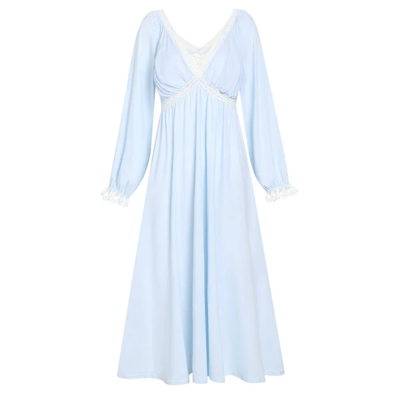 Court Style Elegant Nightdress For Women New Long Sleeve Spring Autumn Dress V Neck Cotton Night Wear Casual Nightgowns