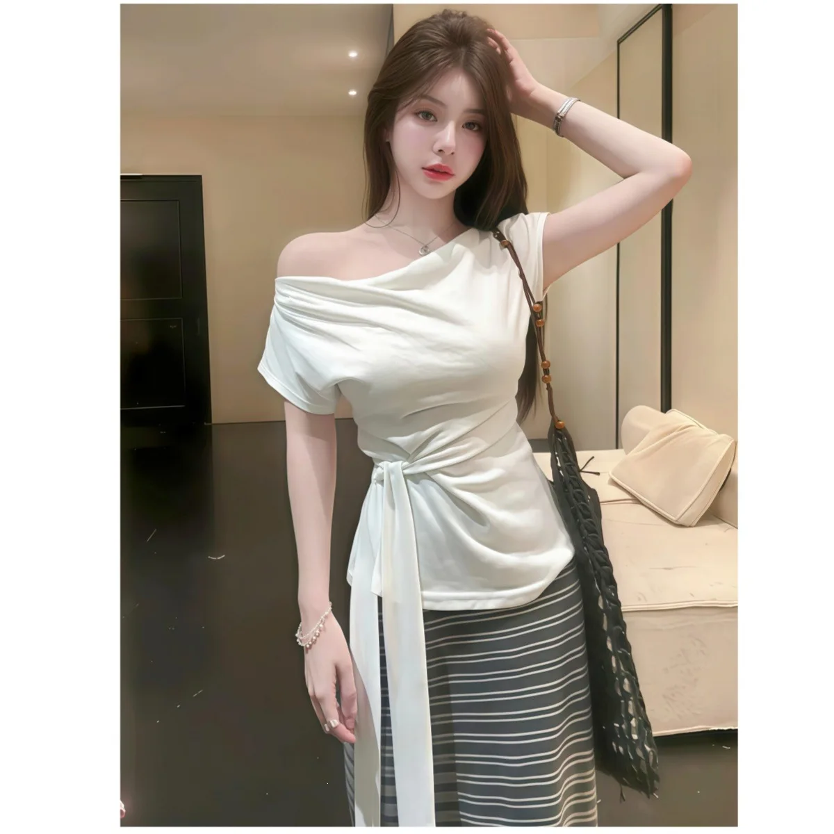 Summer Korean Style Women's Set V-neck Belted Waist Top Stripe Halftime Skirt High-end Small Capital Set Casual Sportswear