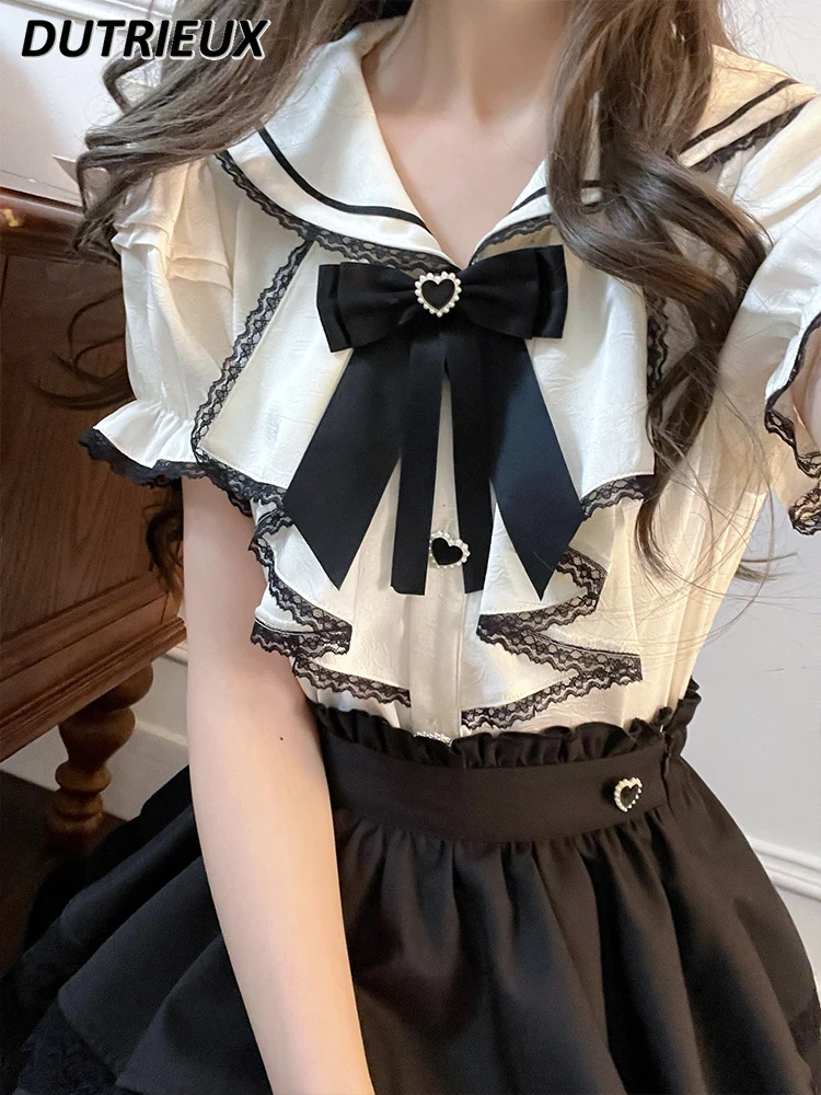 Japanese Original Mine Sailor Collar Vintage Court Style Shirt Short Sleeve White Top and Slimming High Waist Short Skirt Suit