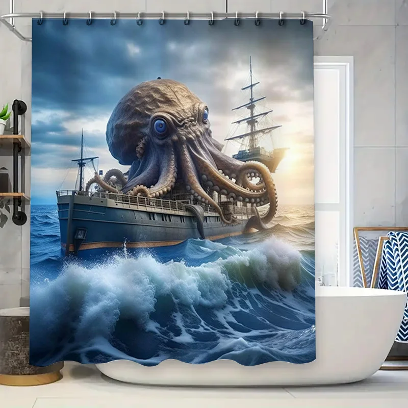 

Подводная приключенческая занавеска для душа, дизайн «Осьминог, атака, синие океанские волны, декор, ткань для ванной комнаты, водонепроницаемая для детей, взрослых, ванна