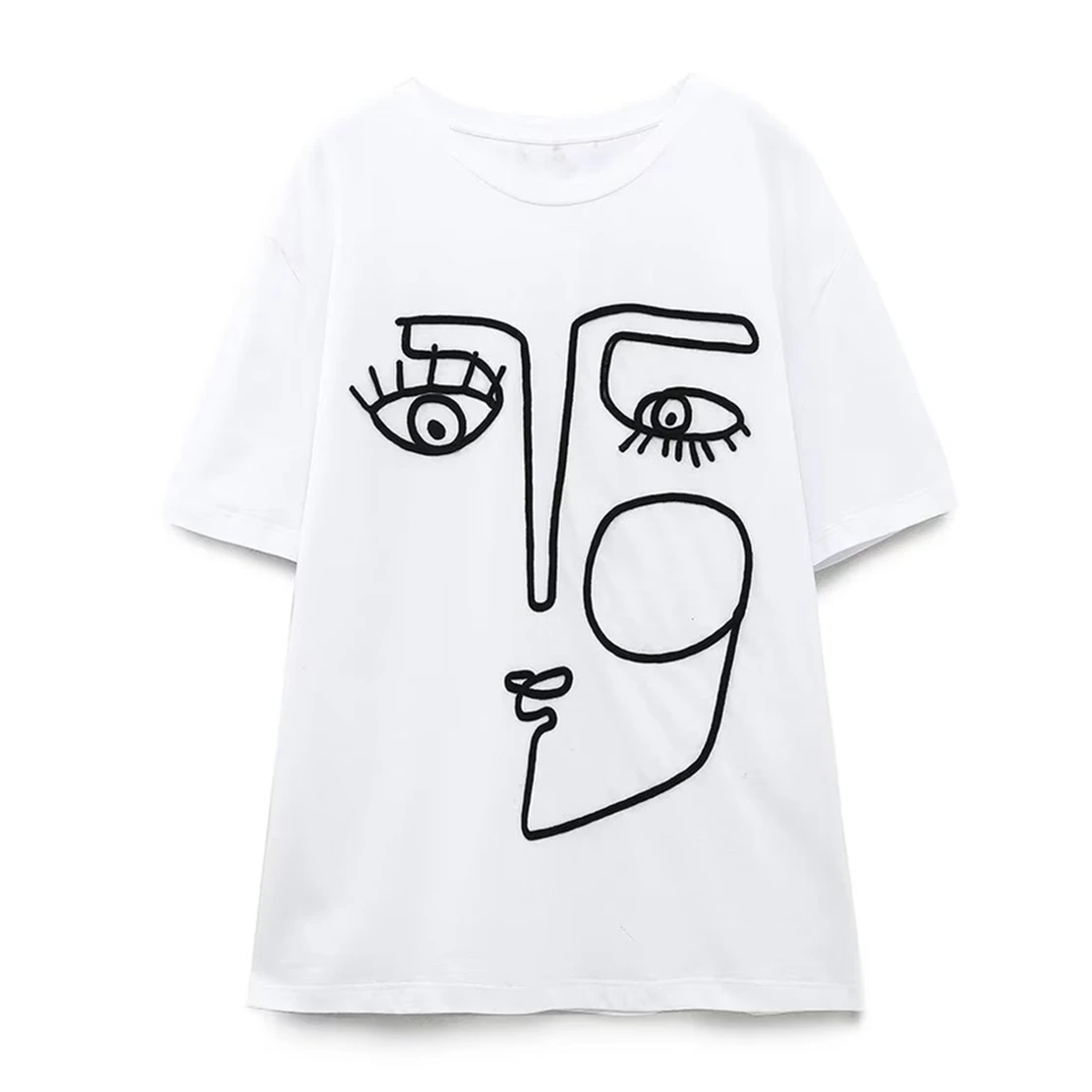 

Maxdutti High Street Fashion Girls Face Embroidery Tops O-neck Cotton Tshirts Women