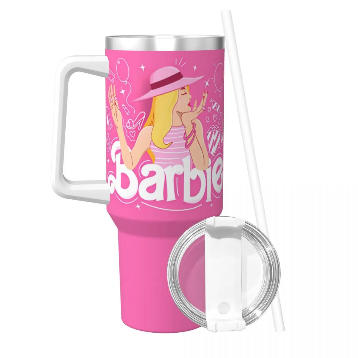 MINISO Barbie Cartoon Print Stainless Steel Tumbler Camping Mugs Cup 40oz Coffee Mug Leakproof Cold Drink Milk Tea Water Bottle