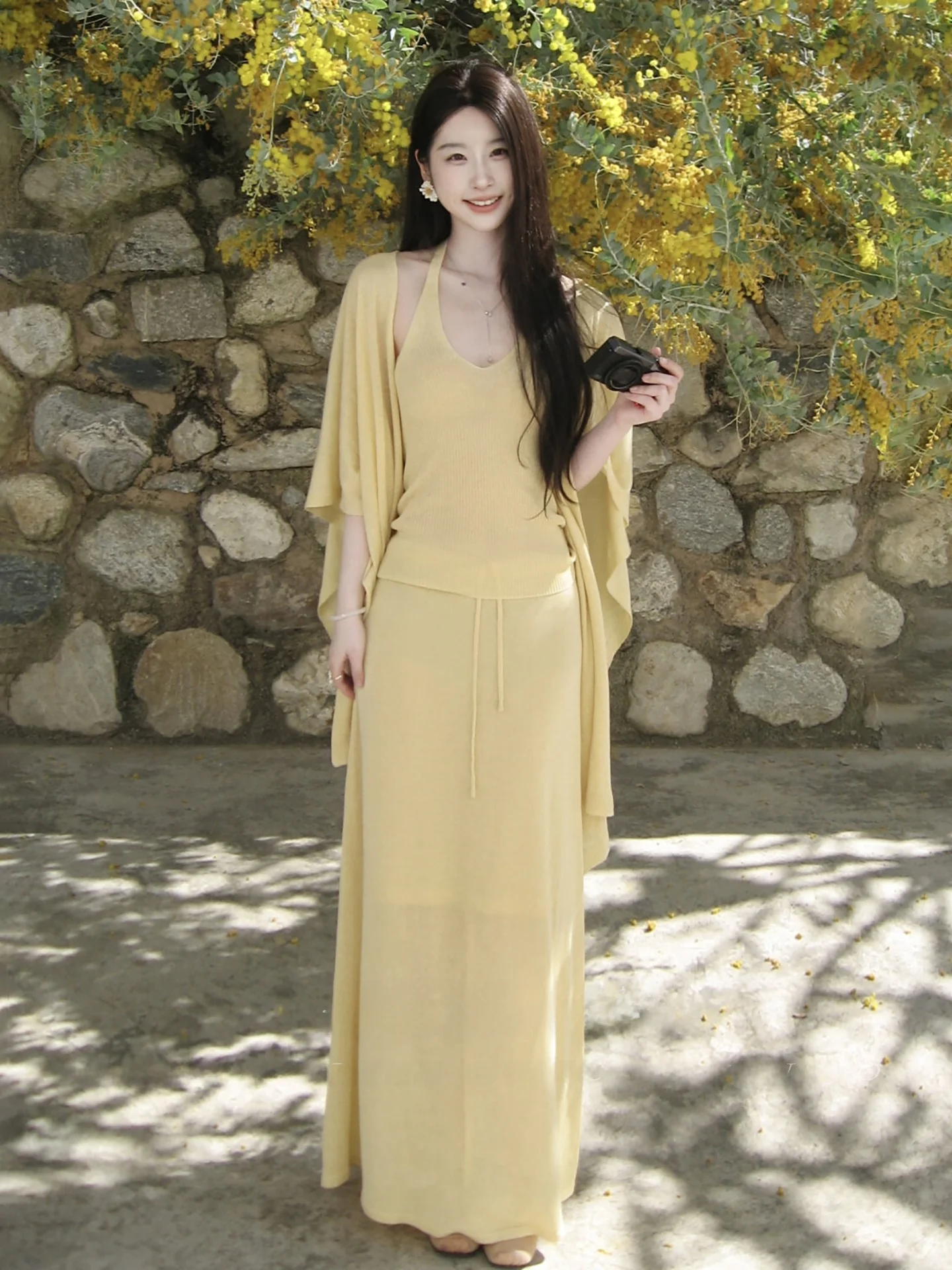 

Linen Knitted Long Sleeve Open Cardigan Slim Fit Vest Strap Top High Waist Skirt Three Piece Set Women's Fashion Spring Summer