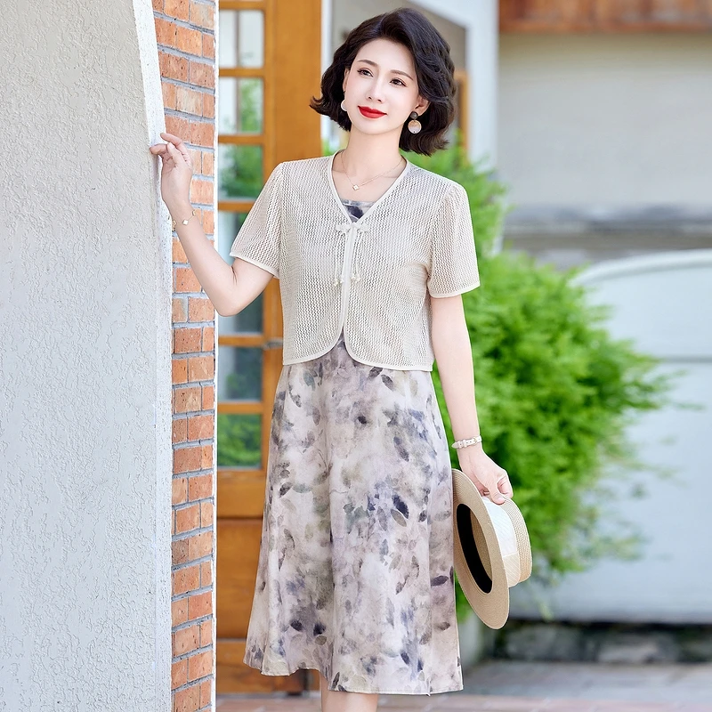 

New Chinese Sle Summer Dr Set Faionable Print Midi Skirt ort Sve Chiffon Long Dr for Middle-Aged And ly W...