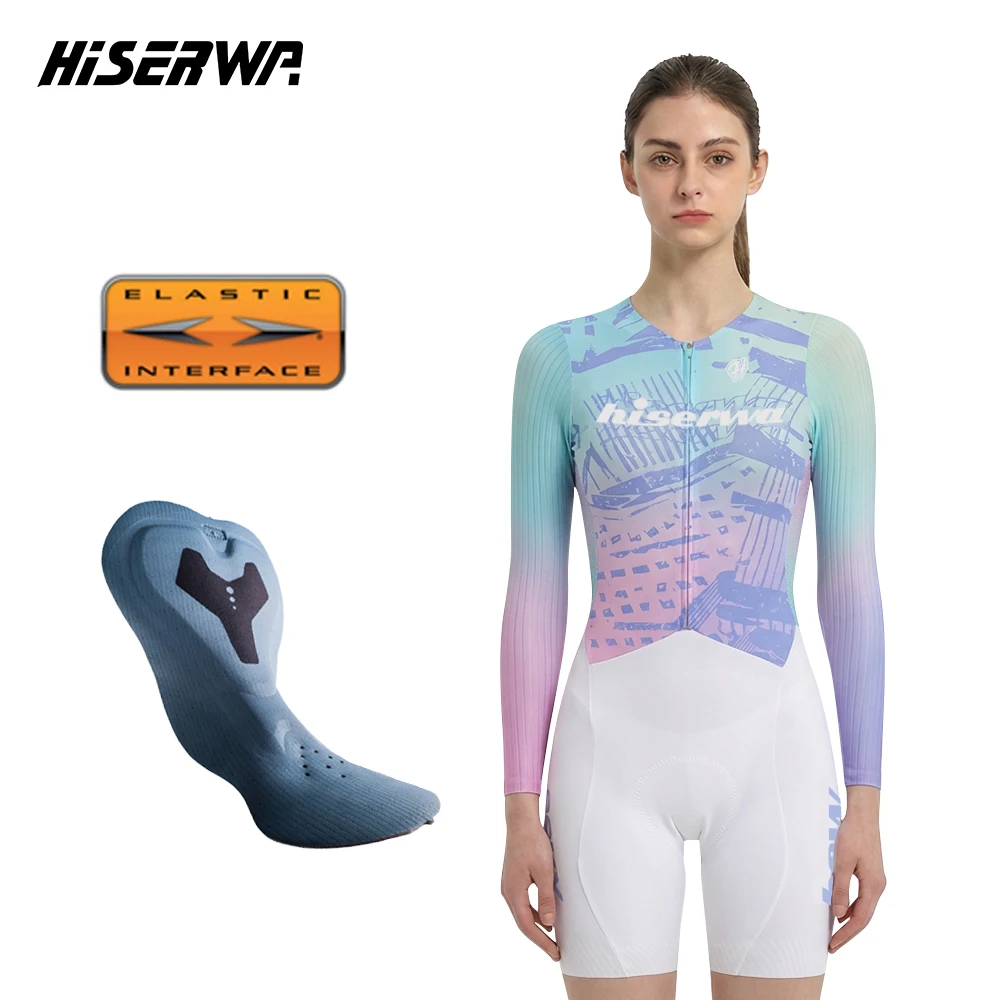 

HISERWA Women Aero Cycling Skinsuit Breathable Slim Fit Cycling Jumpsuit Elastic Interface Pad Bicycle Clothing Cycling Jersey
