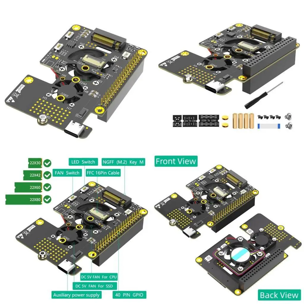 Y1UB  NVMe to PCIe Adapter for RPi 5 NVME SSD Cooling Fan Automatic Discoloration LED Efficient Data Handling