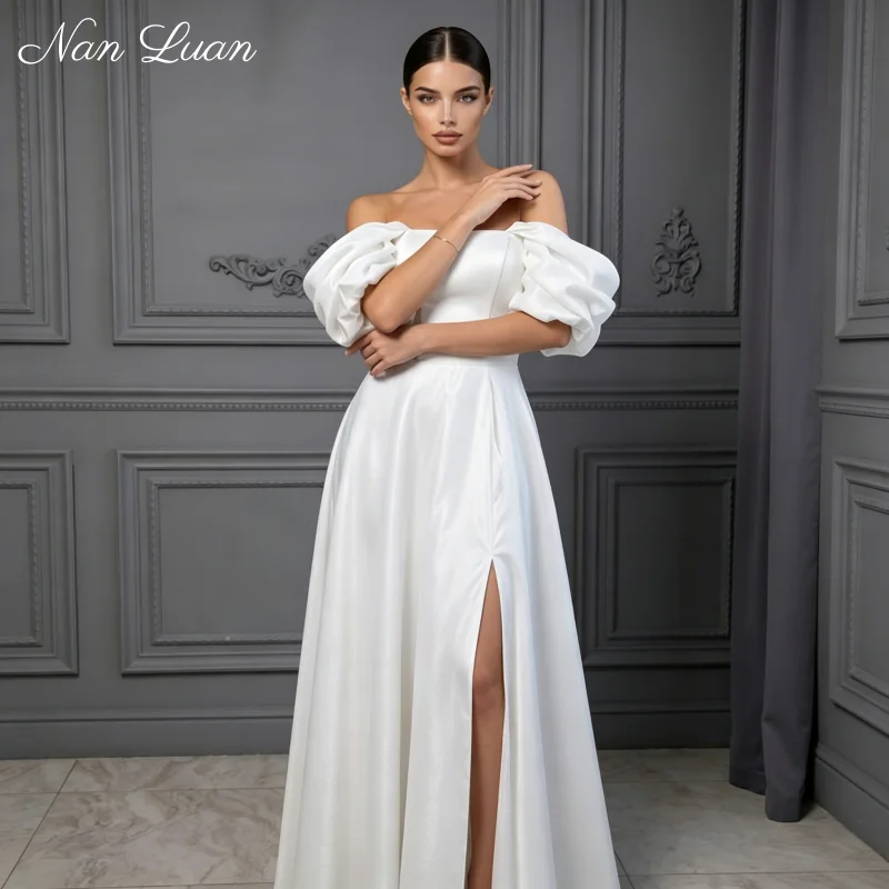 Off Shoulder Puff Sleeve Wedding Dresses Women Satin High Slit A Line 26 Wedding Party Gowns Vestidos De Novia Customized