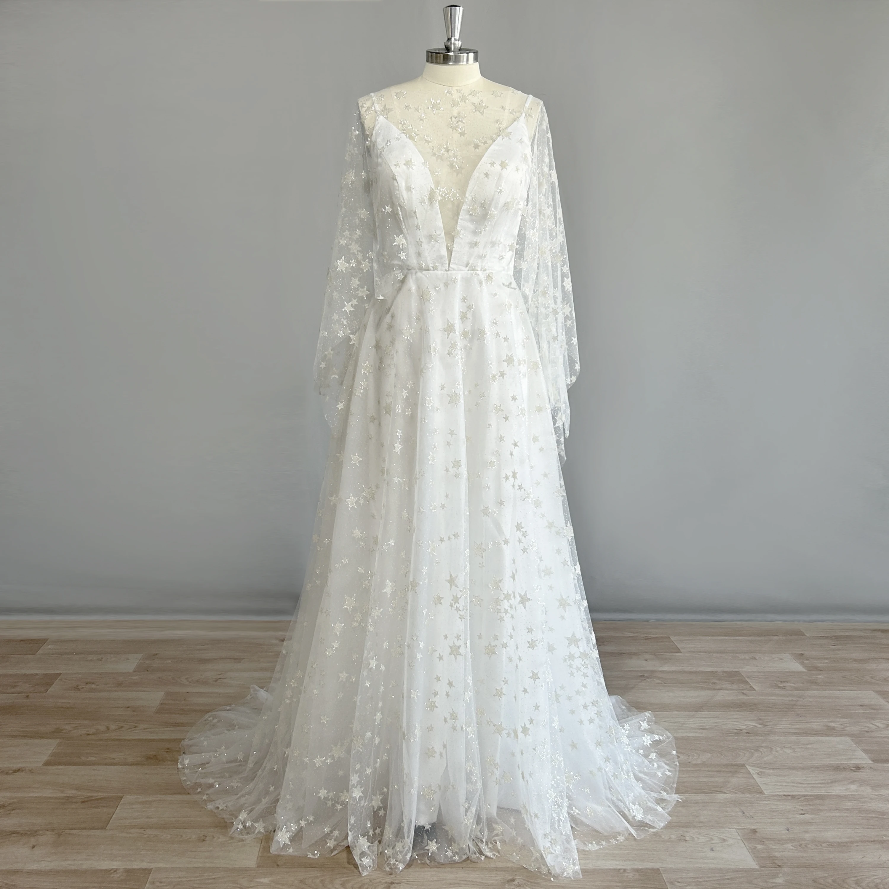 DIDEYTTAWL Real Picture A Line Full Sleeves Shiny Star Boho Wedding Dress Tulle Backless Sweep Train Sparkly Bridal Gown