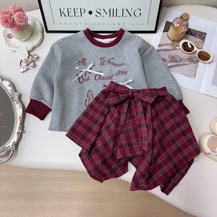 American Style Spring Baby Girls 2PCS Clothes Set 3D Bow Letter Print Hoodie Suits Retro Irregular Plaid Half Body Skirt Outfits