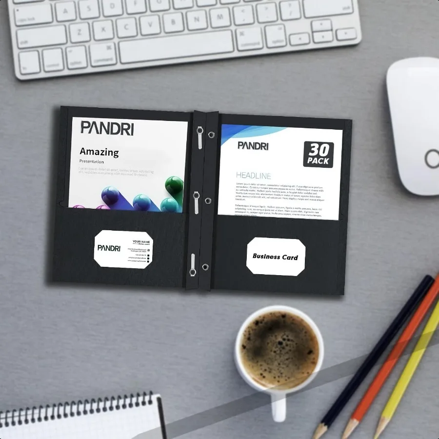 Cartelle a due tasche Confezione da 30 Cartelle a due tasche con punte Cartelle a 3 poli progettate per ufficio e aula Dimensioni lettera Nero