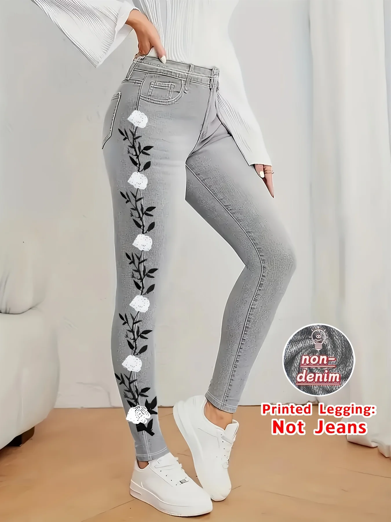 Hochgeschnittene Fake-Denim-Leggings mit Seitenblumen- und Blätterdruck, Dehnbare Slim-Fit Nicht-Denim Skinny Hose, Damen Casual Tägliche Kleidung Jeggings – Detail 2