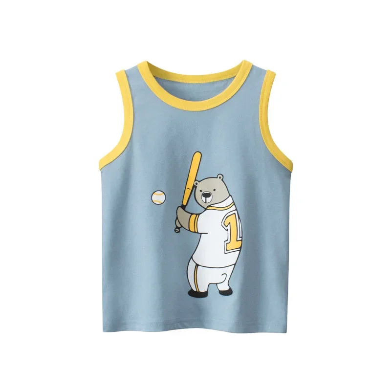 2024 Summer New Cartoon Bear Boys Vest Beach Sea Children\'s Clothing Sleeveless Cotton Tops T-Shirt Kids Clothes 2-10 Years Old