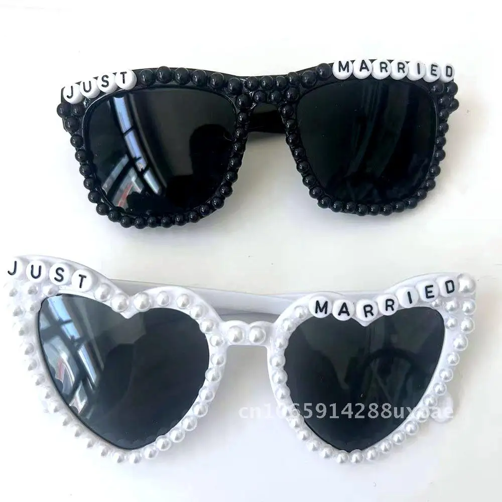 

Black and White Pearl Alphabet Spelling Heart-Shaped Glasses Sunglasses Bride Bachelorette Party Wedding Gift