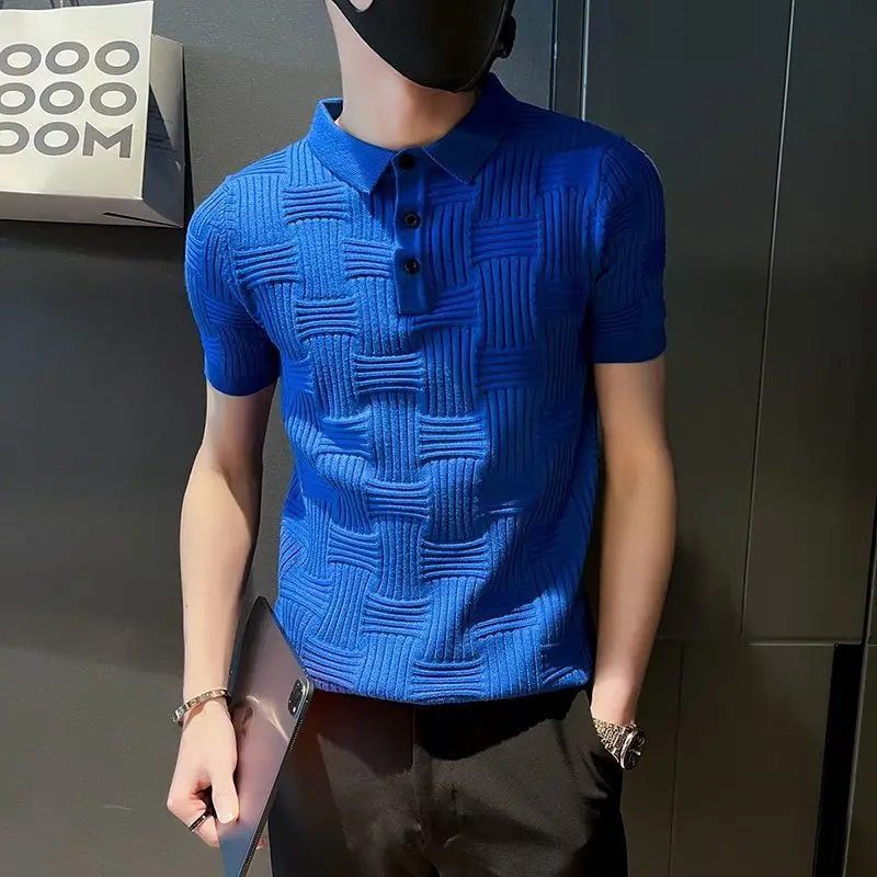 2023 Korean Version Fashion Trend Versatile Men\'s Clothing Business Casual Commuting Solid Color Short Sleeve Button Polo Shirt