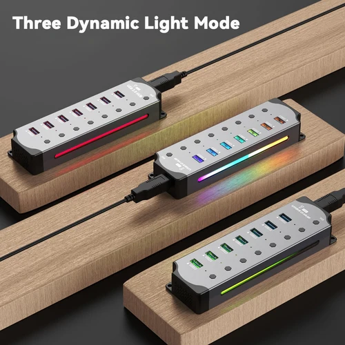 Imagen 2 del producto Hub USB 3,0 de alta velocidad, divisor 7 en 1, interruptores de alimentación individuales, concentrador USB 3,0 de aluminio RGB para juegos, accesorios para ordenador portátil y PC