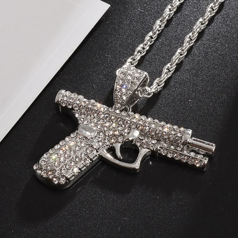 Hip-hop style small pistol necklace with embedded diamonds for men. A must-have accessory for men's hip-hop style street parties view 4