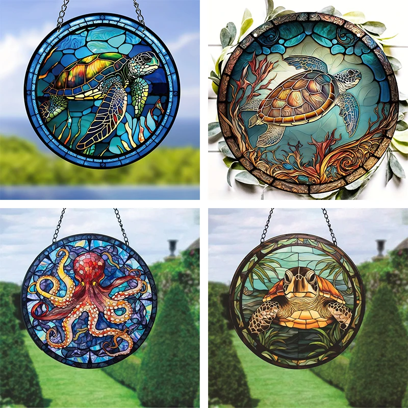 Turtle Stained Window Hangings Suncatcher Home Ornament Painting Bathroom Office Beach Animal Theme Decor Panel for Kid's Room