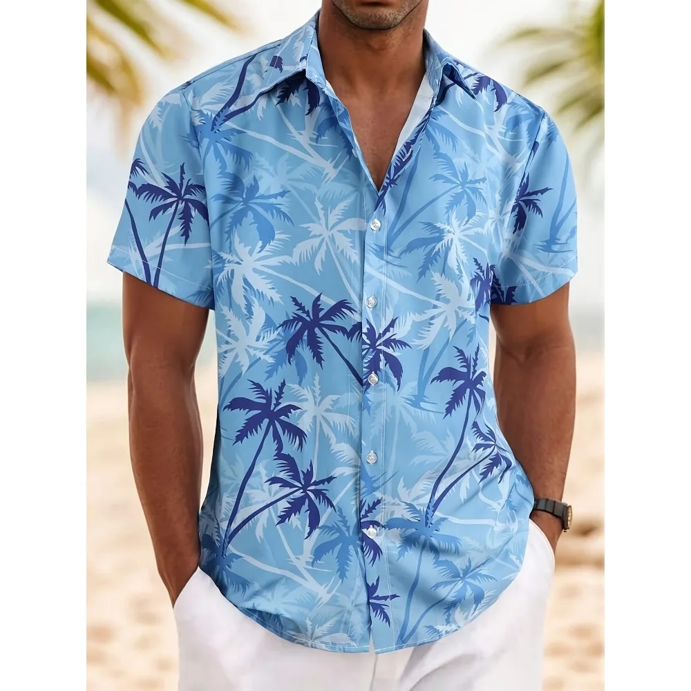 Unisex Hawaiian Shirt Blue Overlay Palm Tree Pattern Short Sleeve Button‑Down Beach Tops