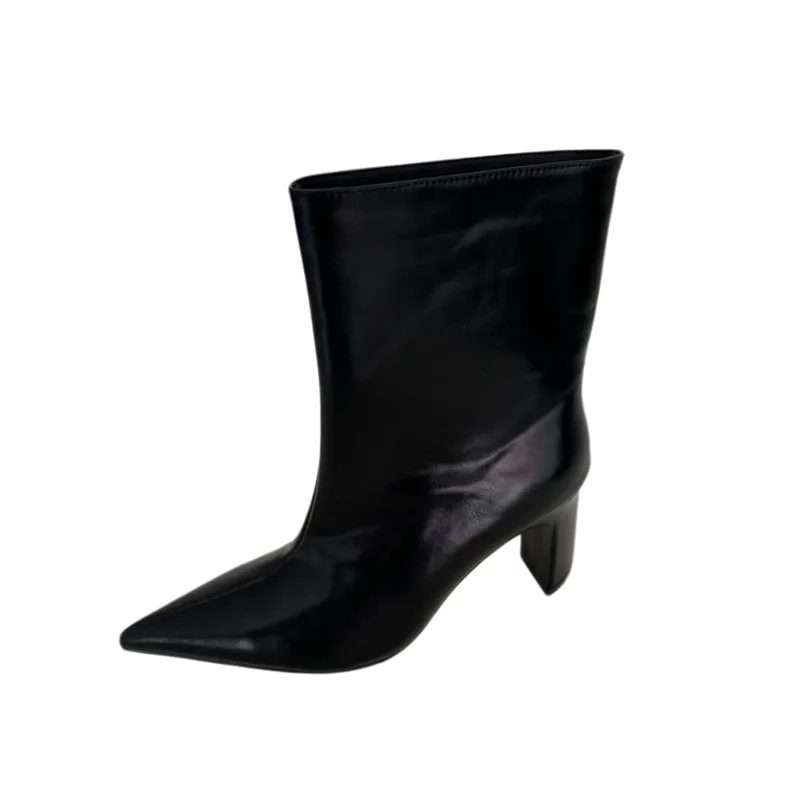 2025 حار بيع خمر براون النساء حذاء من الجلد موضة أنيقة ساحة تو أحذية الخريف الشتاء كعب سميك المرأة الجوارب القصيرة