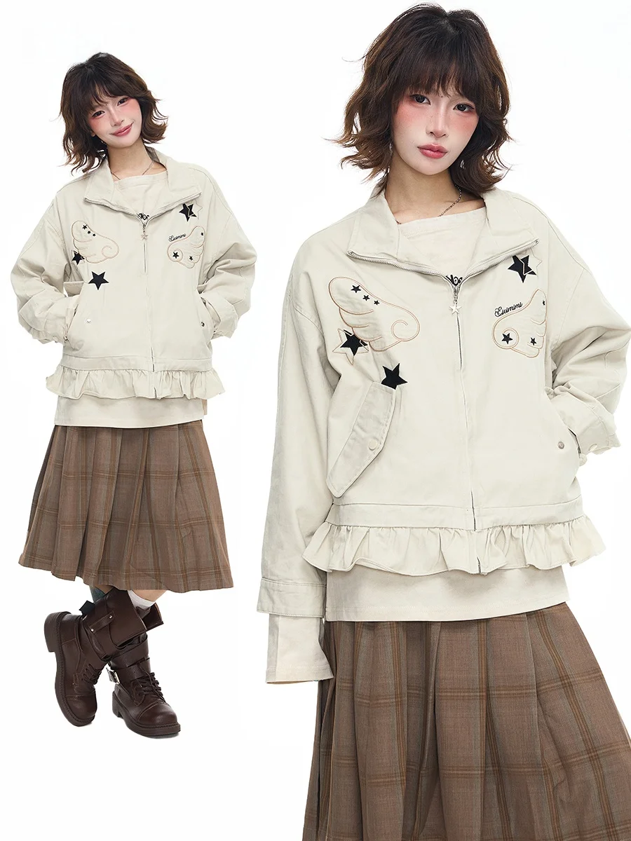 

Sanowers American Retro Star Wings Embroidery Open Cardigan Jaet Women's Spring Autumn Loose Versatile Top Trendy