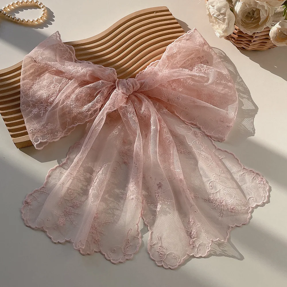 

Women's Sweet Korean Princess Embroidered Lace Flowing Ribbon Wide Long Neck Scarf Crescent Hem Sheer Lightweight Chic Accessory