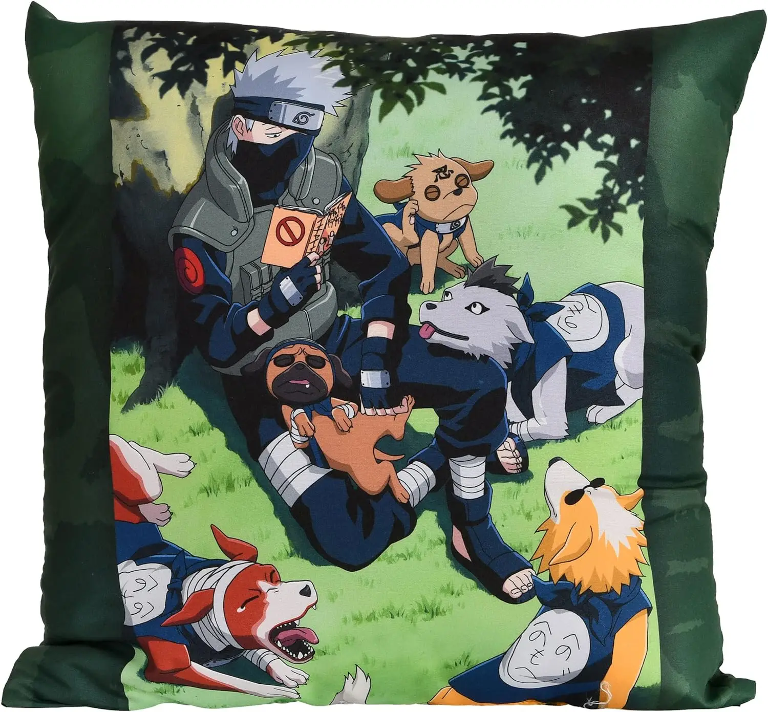 Elbenwald Naruto pillow with Kakashi and Ninken motif for anime fans men ladies unisex 40 x 40 cm green