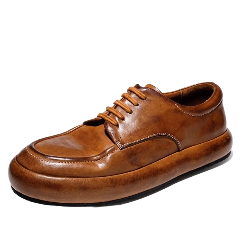 

High-end Washed Horseskin Derby Shoes for Men's British Retro Hand Sewn Comfortable Breathable Thick Bottom Casual Leather Shoes