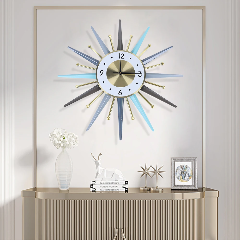 

Simple Nordic Vintage Style Mid Century Starburst Wall Clock Wall Watch Decor Sunburst Non-Ticking Quiet Metal for Living Room