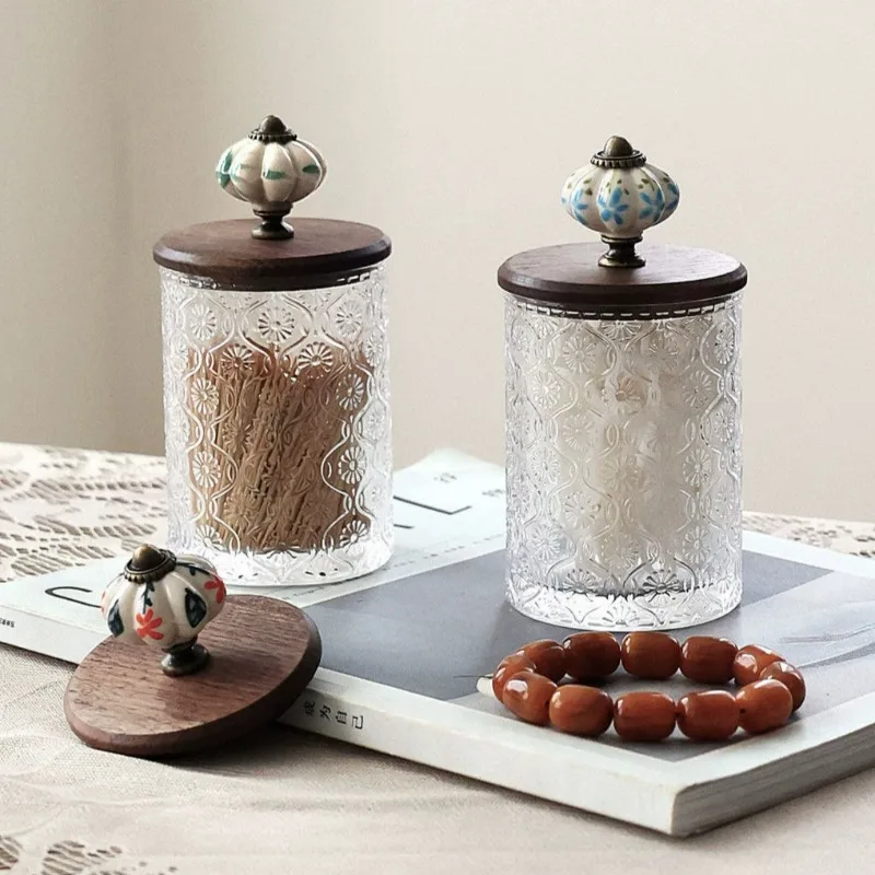 Boîte de rangement rétro en verre pour cotons-tiges, pot créatif pour cotons-tiges et cure-dents, pot à fil dentaire, ornement décoratif, objet de grande valeur.