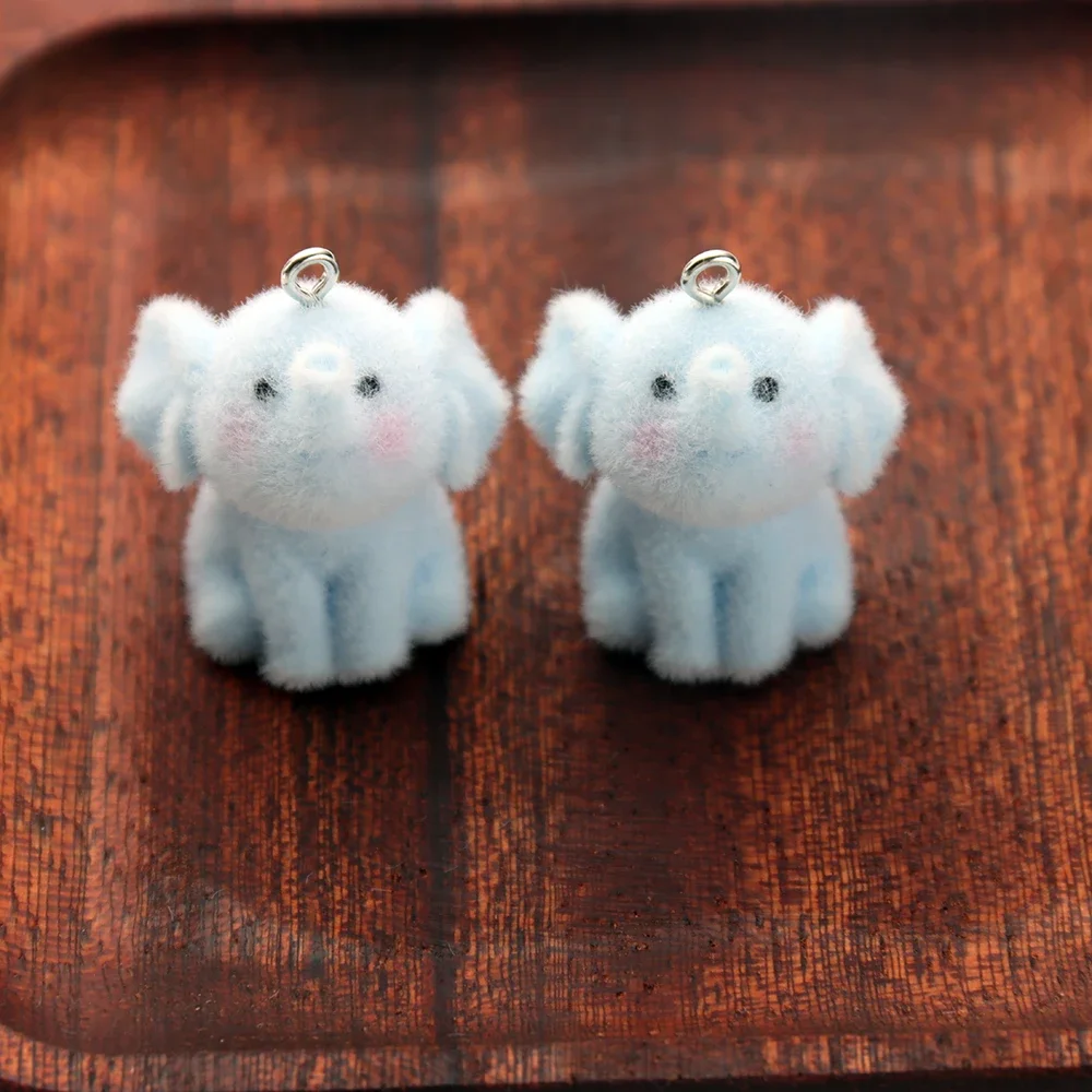 20Pcs 3D Cute Flocking Mini Elephant Resin Charms Cartoon Animal Pendant Wholesale Bag Keychain Earrings DIY Crafts Jewelry Make