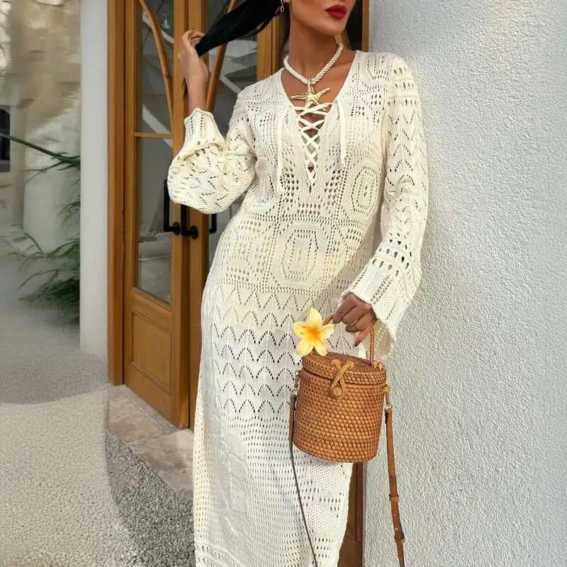 فستان ماكسي نسائي مثير للشاطئ بتصميم نحيف وأكمام طويلة للعطلات والربيع والصيف ورقبة على شكل V وأربطة فستان محبوك مجوف