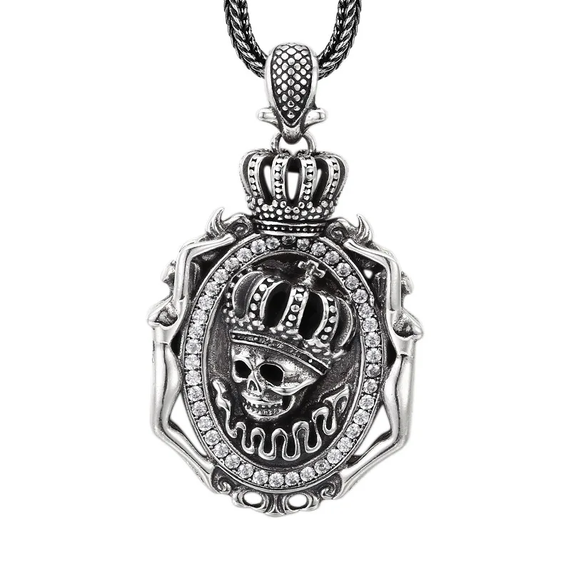 

925 Sterling Silver Gothic Crown Skull Pendant Necklace for Men, Vintage Antique Finish