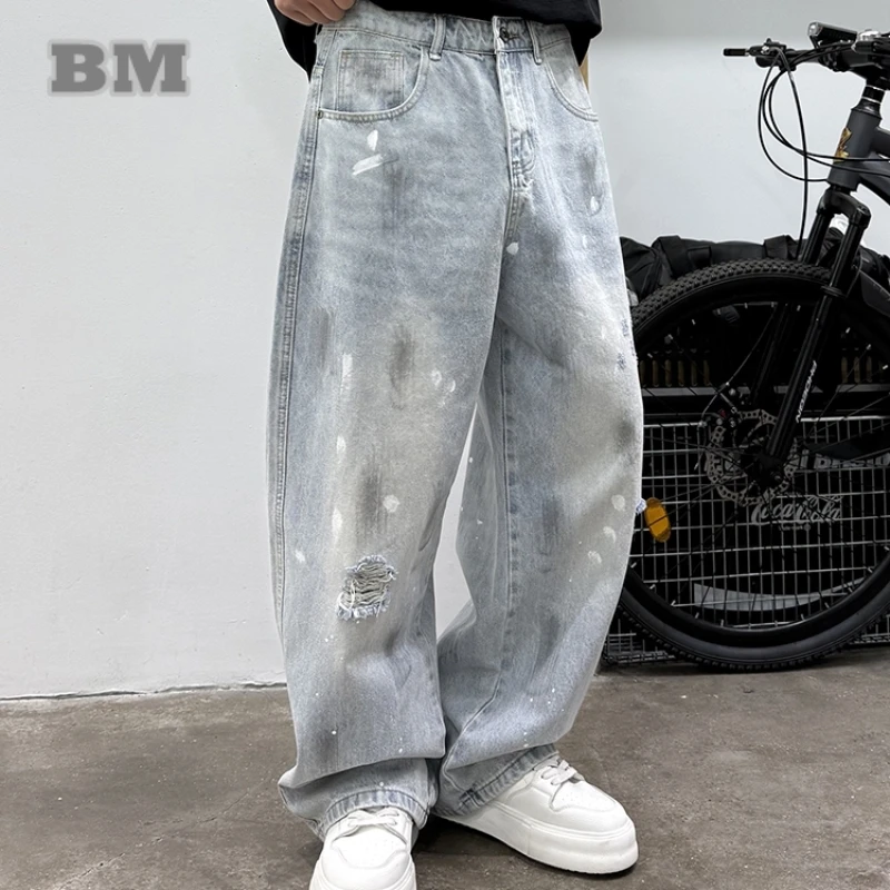 

‌Mens Korean Vintage Baggy Jeans Loose Fit Straight Leg Distressed Denim Pants Hip Hop Streetwear Retro Washed Ripped Trousers